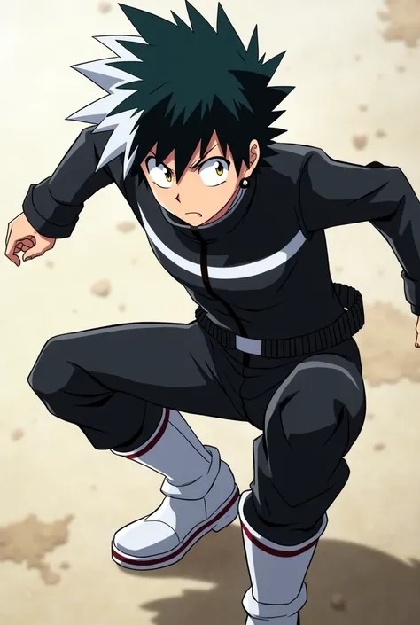 Screenshot from the anime BOKU NO HERO ACADEMIA, 15 year old boy, Black hair with a white right side part, Mullet haircut for straight hair,bright golden eyes, ear piercing,He appears active, serious expression, He is wearing his hero suit, which combines ...