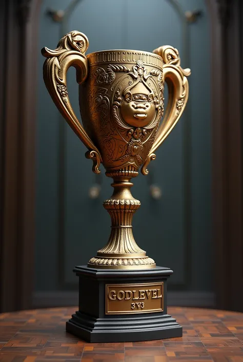 Create an image of a trophy that says "godlevel 3vs3"  ultra realistic 