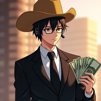 male anime character, de terno preto, Eyeglasses, headset, one piece straw hat and holding money bills, with pirate themed background