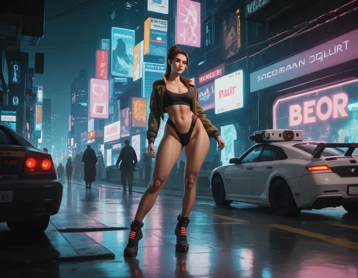 beautiful woman. militär, brown hair, ponytail. sexy. cyberpunk, neonlights, future. leder. babe, big booty, big tits, curvy. tanga, full body