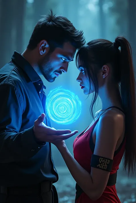 (a man with glowing blue eyes posing his hand on half masked ninja girl,he is creating hypnotic spiral circle from his hands in front of her face
She is ver hot sexy ninja in red black dress