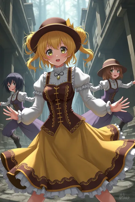 Mami tomoe wear a holandan outfit, with a corset brown with calentors of white color; her falde is color yellow with a border brown color; her gets a holandan shoes;the mami tomoe color hair is yellow with two curlies colets; hear wear a brown color holand...