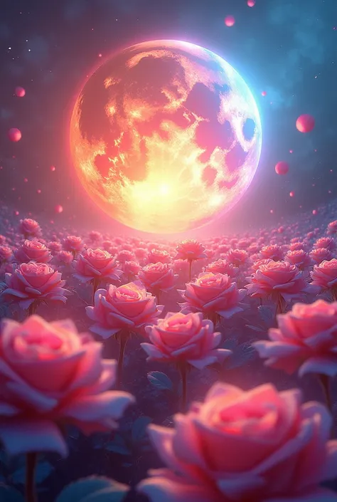 A sea of radiant roses，Petals in rainbow colors,Radiating the light of the sun and moon，Crystal material