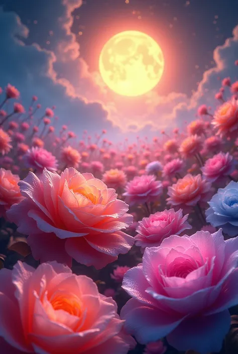 A sea of radiant roses，Petals in rainbow colors,Radiating the light of the sun and moon，Crystal material