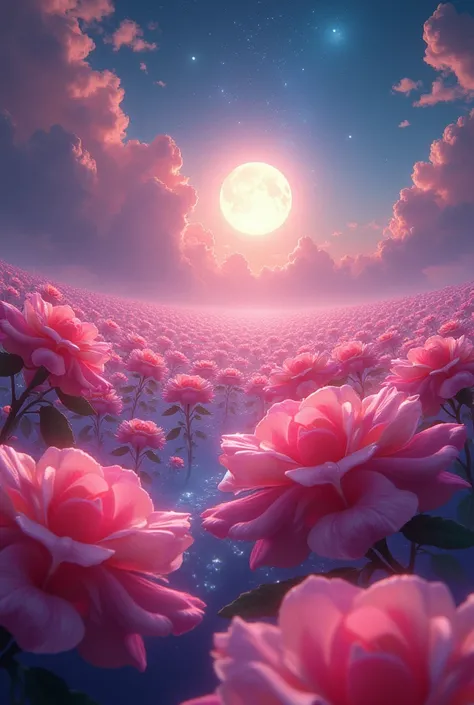 A sea of radiant roses，Petals in rainbow colors,Radiating the light of the sun and moon，Crystal material