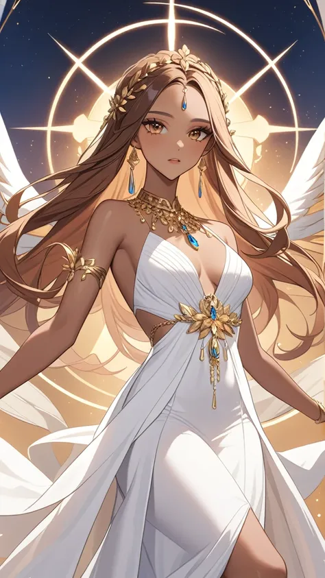 caramel skin color goddess, lightskin color, long white dress, gold accessories and heavenly background