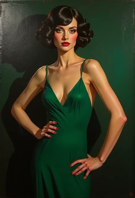 1girl,1920s woman,green dress,cubist,dark,cinematic portrait,geometric art deco painting,minimal,intricate details,dramatic lighting,high contrast,moody,chiaroscuro,elegant,striking pose,distinctive features,(best quality,4k,8k,highres,masterpiece:1.2),ult...