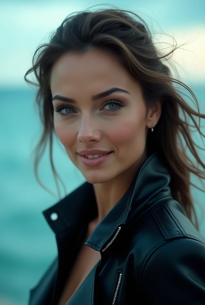 an advertising video shot of a beautiful woman wearing (Black Leather Jacket), smiling and looking at the camera, (sea blue) background, surreal, advertising style. Beautiful cinematic lighting, surreal, RAW photo, color graded, dynamic movement, (captivat...