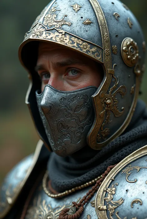 Knight close up portrait with silver and gold engraved armor with flower engravings on his helmet and armor. An epic post-war atmosphere, a complete helmet with a steel mask engraved with a silver face. 