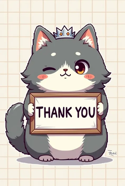 un chat gris et blanc syberien qui fait un clin d oeil avec une couronne en argent en dessin manga qui tient une pancarte avec écrit "MERCI " dessus. en mode pixel art