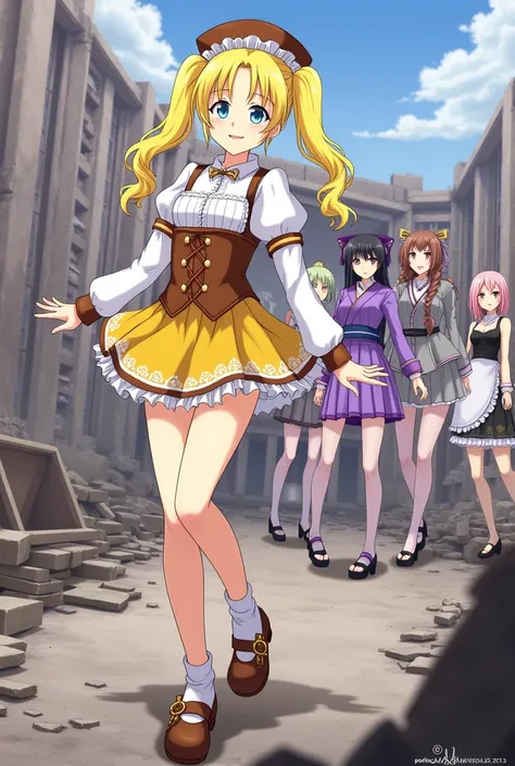 Mami tomoe wear a holandan outfit, with a corset brown with calentors of white color; her falde is short and the coolor yellow with a border brown color; her gets a holandan shoes;the mami tomoe color hair is yellow with two large curlies colets; hear wear...