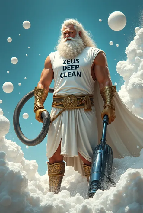 Nordic god Zeus, wearing a shirt that says Zeus deep clean, holding a vacuum cleaner, with foam and soap bubbles in the background