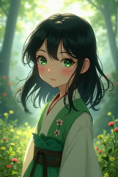 Draw a Ghibli-style girl with black hair, green eyes, fair skin, and an acubi-style outfit.