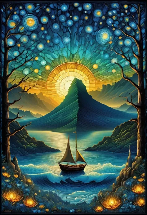 fine art, oil painting, best quality, dark tales, Cape Town in the  Van Gogh  style, starry sky, Dan Mumford, Andy Kehoe, 2d, flat, cute, adorable, vintage, art on a cracked paper, patchwork, stained glass,  fairytale, storybook detailed illustration, cine...