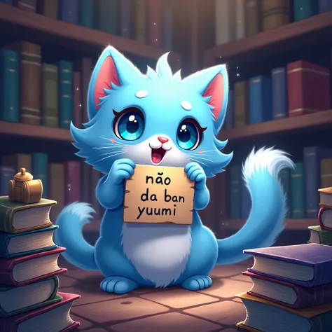 yuumi the magical blue cat from league of legends, light blue eyes holds a sign that says "não da ban yuumi" and books