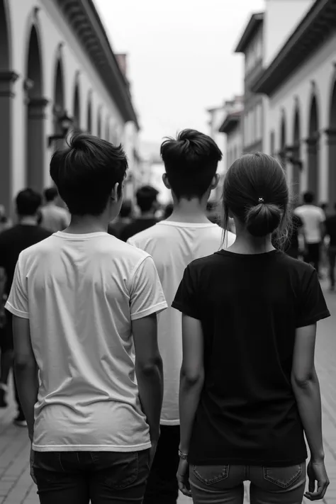 Photos of young men and women wearing black and white t-shirts with their backs turned, taken in Cuenca, Ecuador.