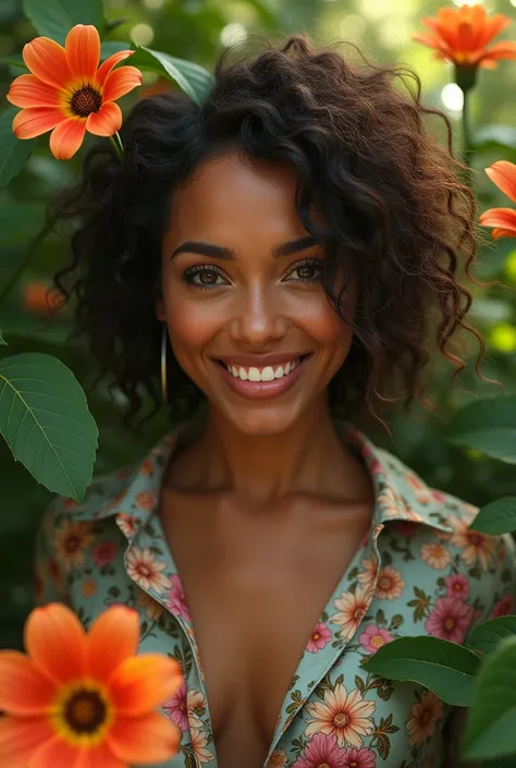 A Brazilian woman in a lush tropical garden, wearing an open shirt with a floral print, with a close-up capturing the harmonious beauty between her breasts and the natural flowers, showing off your natural charm and outgoing personality.