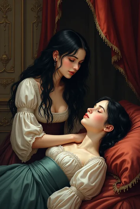 Generate a woman caring for a sick person Girls Black  hair  , Baroque style Two girls , one woman is sick, the other is looking after her 