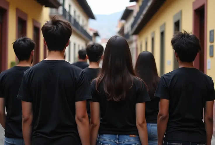 Photos of young men and women wearing black t-shirts, from behind, in Cuenca, Ecuador