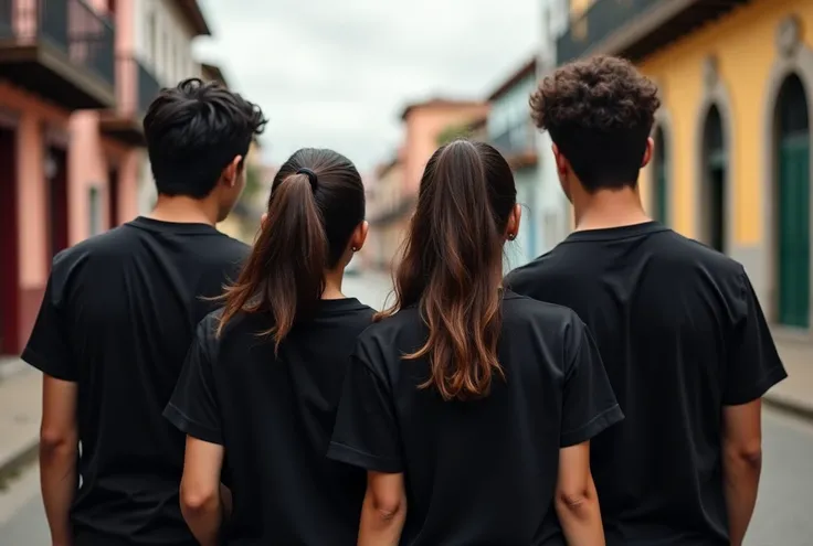 Photos of young men and women wearing black t-shirts, from behind, in Cuenca, Ecuador