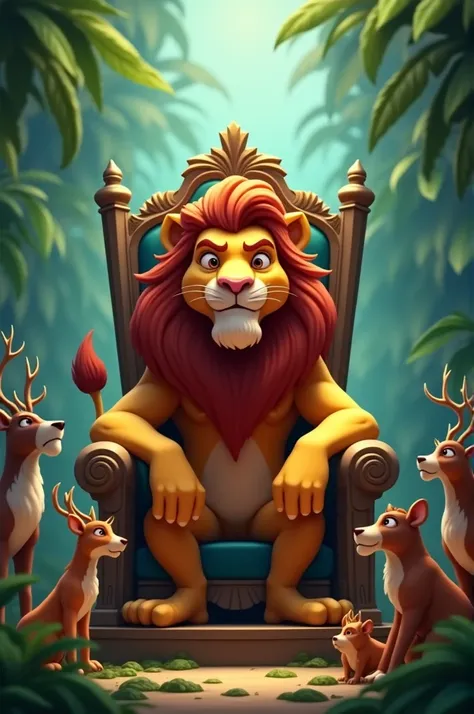 In cinematic 3d cartoon style’ 
Image 1: The Powerful Lion**  
   *A majestic lion with a regal mane, sitting on a throne in a dense jungle. Other animals like deer, monkeys, and birds are seen in the background, looking up at the lion with awe and respect...