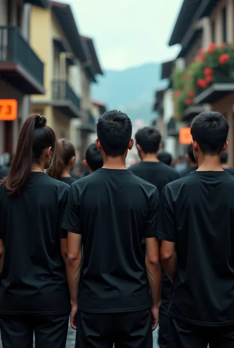 a group of young men and women wearing black shirts standing with their backs to the camera in Cuenca, Ecuador, highly detailed, realistic, 8K, HDR, cinematic lighting, dramatic composition, moody atmosphere, cool color tones, photorealistic, volumetric li...