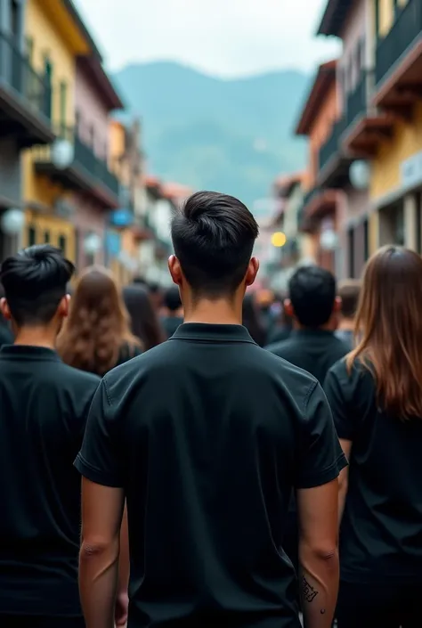 a group of young men and women wearing black shirts standing with their backs to the camera in Cuenca, Ecuador, highly detailed, realistic, 8K, HDR, cinematic lighting, dramatic composition, moody atmosphere, cool color tones, photorealistic, volumetric li...