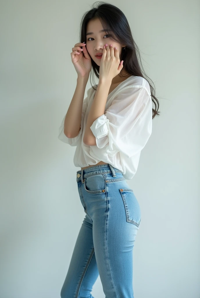 Asian girl most beautiful 
Cute face
White shirt fully transparent 
Bule jeans
White high heels
Standing 
Shy expression 
Hand up showing armpits
Fit girl 
Big boobs and big ass
Full view
Nothing under shirt clearly visible
Front view
Bigger boobs 