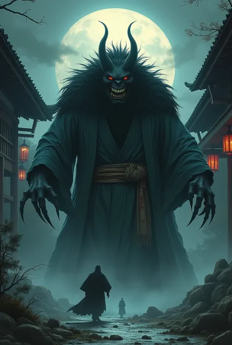 Create a detailed and atmospheric illustration of a traditional Japanese yasha or ogre. The scene should evoke a sense of ancient folklore and horror, featuring the yasha or ogre with traditional Japanese attire and features. The background should include ...