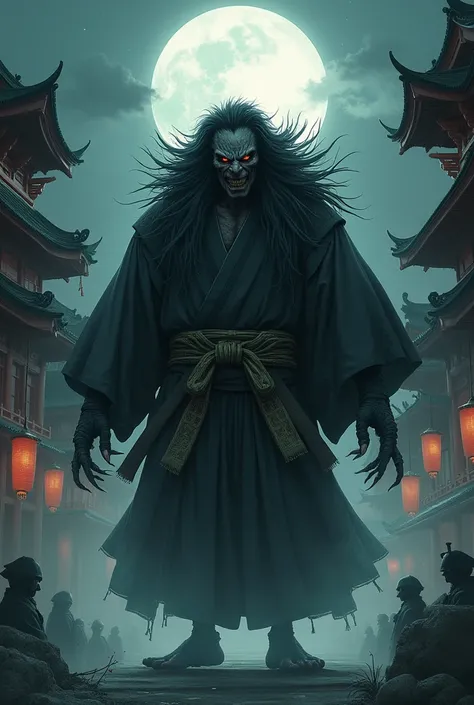 Create a detailed and atmospheric illustration of a traditional Japanese yasha or ogre. The scene should evoke a sense of ancient folklore and horror, featuring the yasha or ogre with traditional Japanese attire and features. The background should include ...