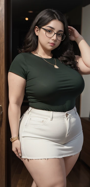 ((best quality)), ((masterpiece)), (detailed), perfect face, araffe woman in a long dark green shirt and 1/3 white denim skirt walking in black room , thicc,  wavy  short hair , she has a jiggly fat round belly, bbwchan, wearing tight simple clothes, skinn...