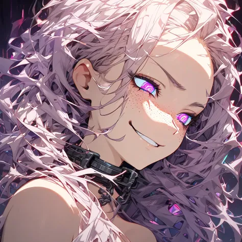 pretty girl, looking down, long messy hair, smirking, chained, mysterious, hypnotic eyes, creative masterpiece, psychedelic art, majestic, psycho, glowing background, detailed shadows, 8K resolution, ultra details, reflecting skin details, beautiful freckl...