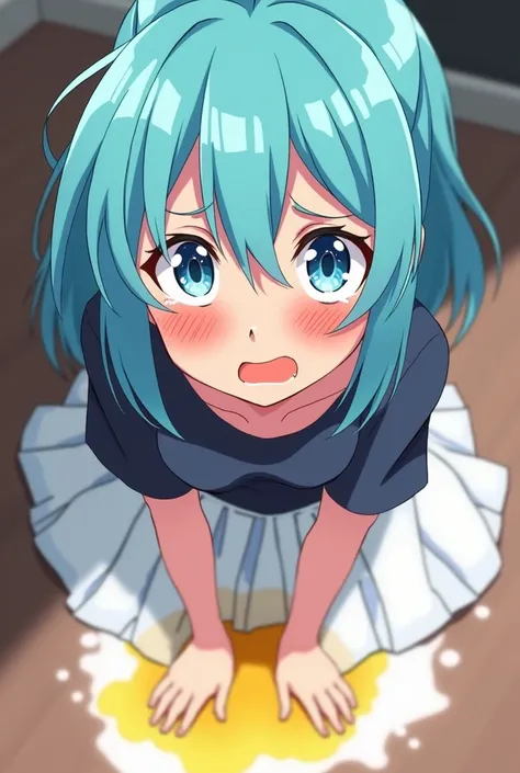 Peeing self, Have to pee, Anime, looking at camera, embarrassed, blush, peeing, yellow pee, tears, crying, out of breath, sweating, blue eyes, cyan hair, one girl, Eirika fe, white skirt, a spot of yellow urine in the pool