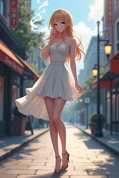 anime girl smoking cigarrete on the street, white dress, white heels, pretty face, full height