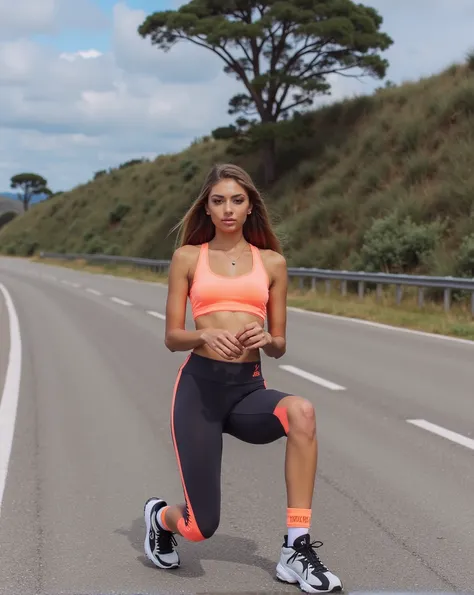 Beautiful 18-year-old woman with brown hair wearing attractive sportswear