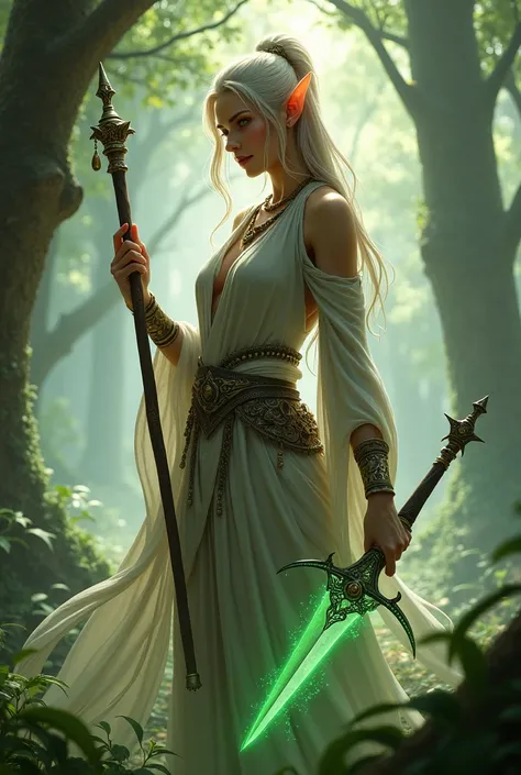 female elf mage with a wand and a bottomless dagger