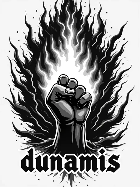 A logo with a hand on fire and lightning bolts around it, saying "dunamis" in a bold and commanding style. The hand is closed, and the design is in black and white.