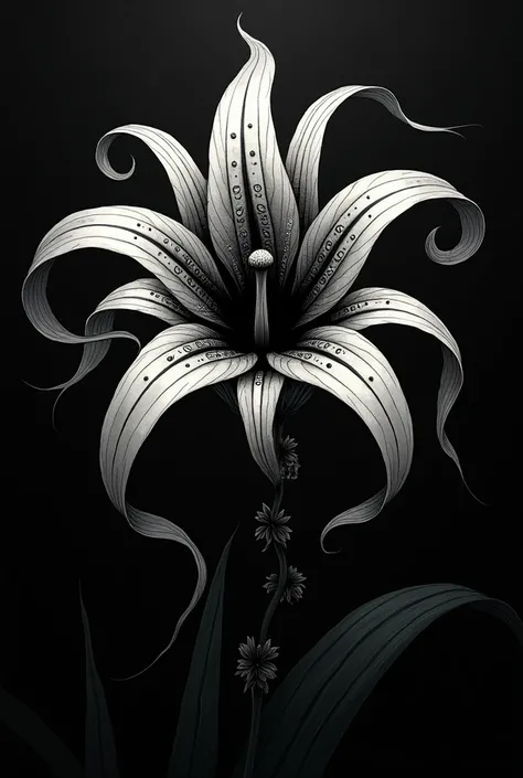 A spider lily , blackw, with buttons , tattoo style 