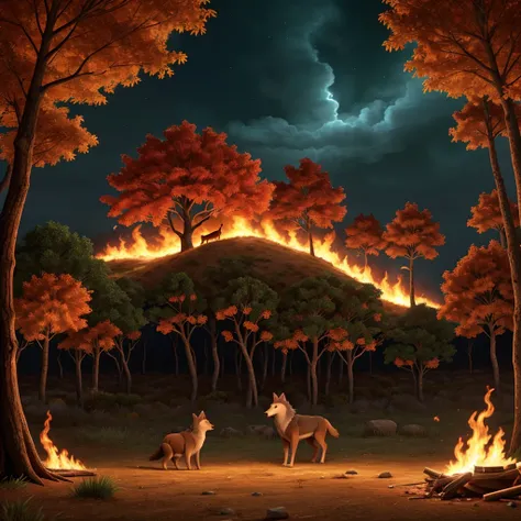 "A dramatic scene in the enchanted forest as the flames begin to spread rapidly among the trees. The sky is tinged with orange and red as smoke rises, and all the animals of the forest are in panic, running in different directions.
 The hen is trapped in t...