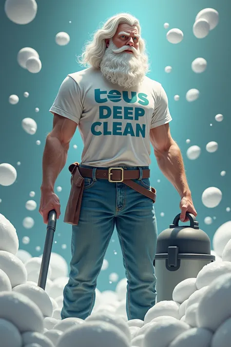 Nordic god Zeus, wearing a shirt that says Zeus deep clean, holding a vacuum cleaner, with foam and soap bubbles in the background