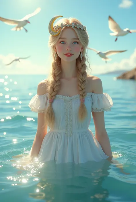 ,((best qualityer))),8k,((work of art)),(Extremely refined and beautiful), there is a girl coming out of the sea, a swan princess in Russian mythology, beautiful calm face, blue colored eyes, long braided blonde hair, the moon braided hair at the back of t...