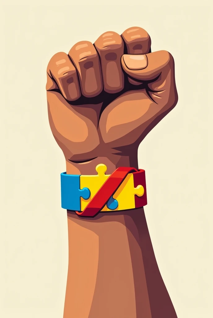 Create an image of just a fist that contains a bracelet , that has the colors (rot, yellow and blue) and symbol of autism spectrum disorder (puzzle)