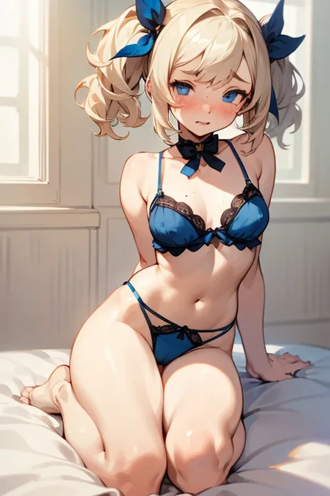 (masterpiece), best quality, expressive eyes, perfect cute face, 18yo girl, cute, short wavy hair, platinum blonde, with Pigtails, blue eyes, freckles on her face, wearing a lingerie, hard nip, cameltoe, covering her body, embarrassed, fullbody. granblue f...