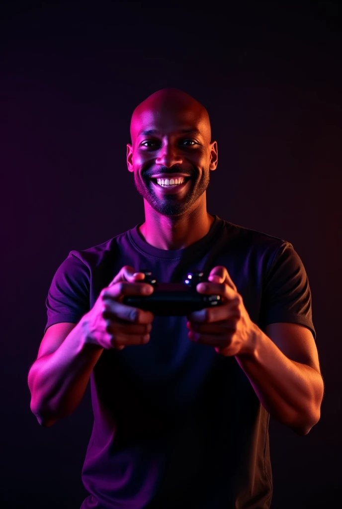 Smiling bald black man, with a video game controller in hand against a black background, purple and orange neon