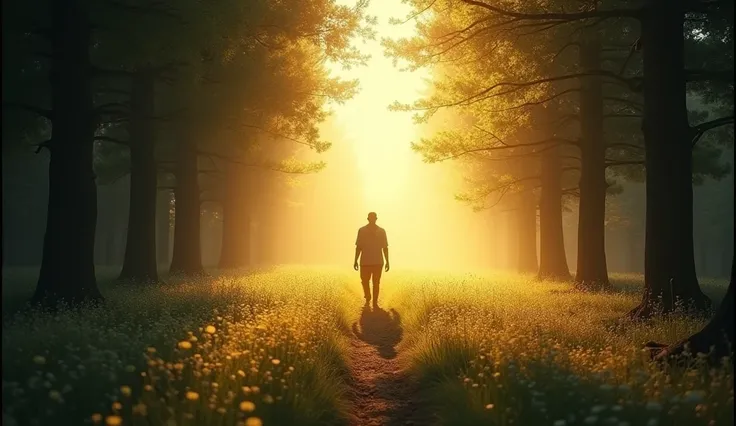 A person emerging from a dark, shadowy forest into a bright, open meadow bathed in sunlight. Their figure is illuminated, symbolizing the emergence of their true self. -ar 16:9