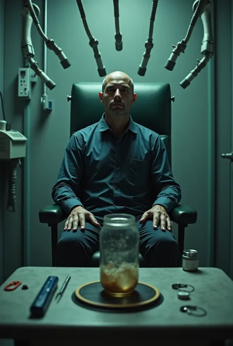 An image of a guy trapped in a chair and there are several tubes pointing at him.,There is a jar that is pushing down on a plate that prevents the tubes from activating, only his hands are free,he is bald and in front of him is a table with surgical materi...