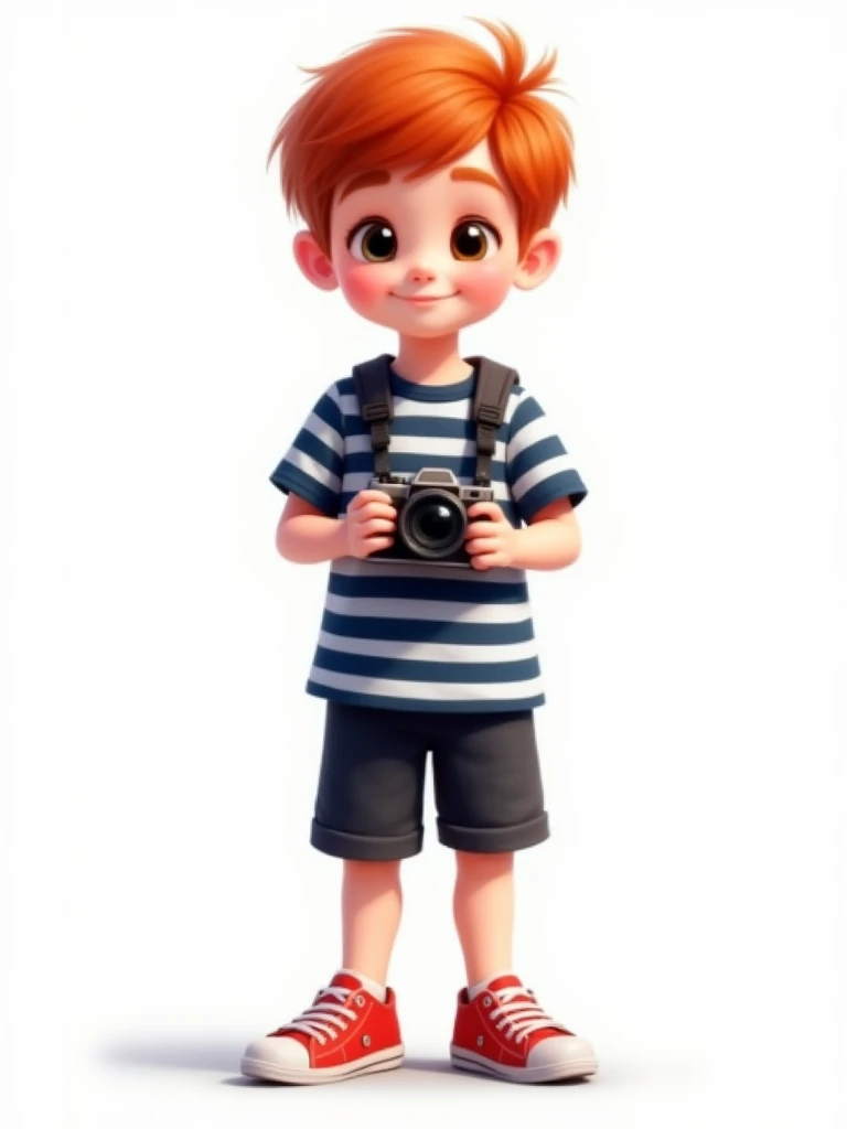 A red-haired boy in a dark blue and white shirt, black shorts and red sneakers, holding a camera. On a white background.