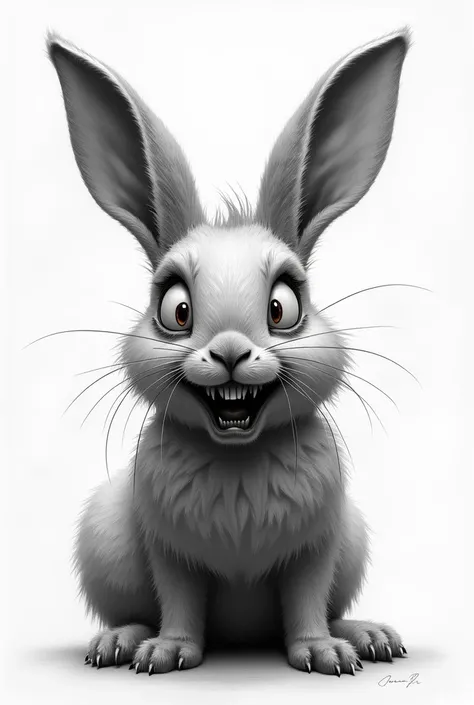 non-sense black and white 2d drawing of a realistic half-crazy rabbit