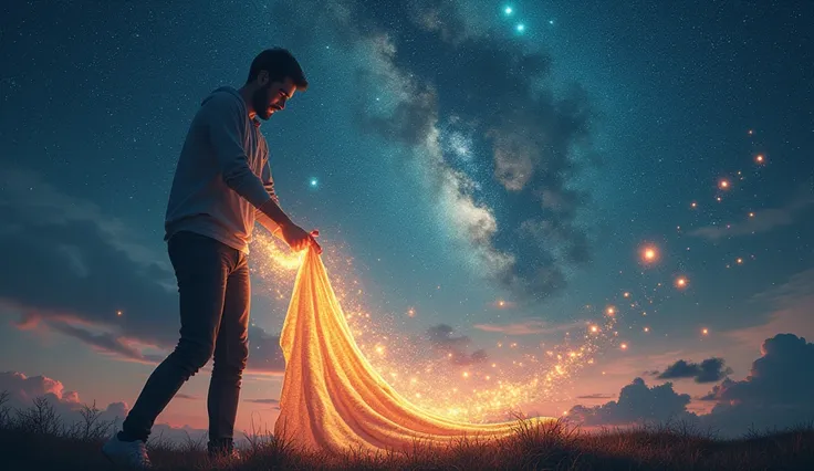 A person shedding old clothes, symbolizing the release of past traumas, and stepping into a bright, new outfit amidst a vibrant, celestial landscape filled with glowing constellations. -ar 16:9