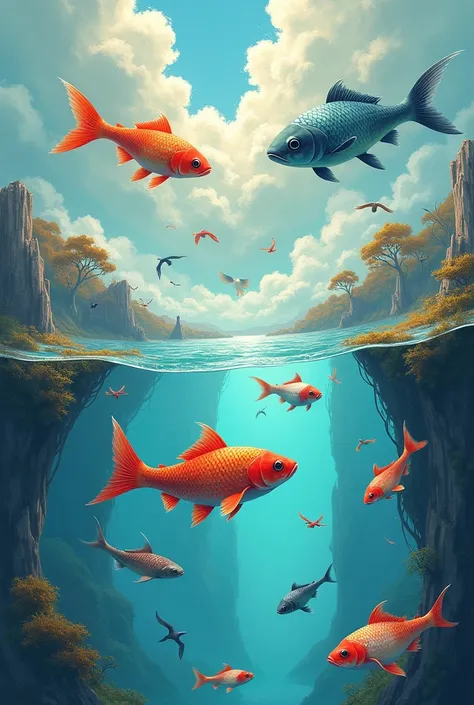 A fish swimming in the air and birds flying in the water. Speech bubbles around the fish and birds say “freedom” and “democracy”. The background can be a surrealistic scene with inverted natural elements.